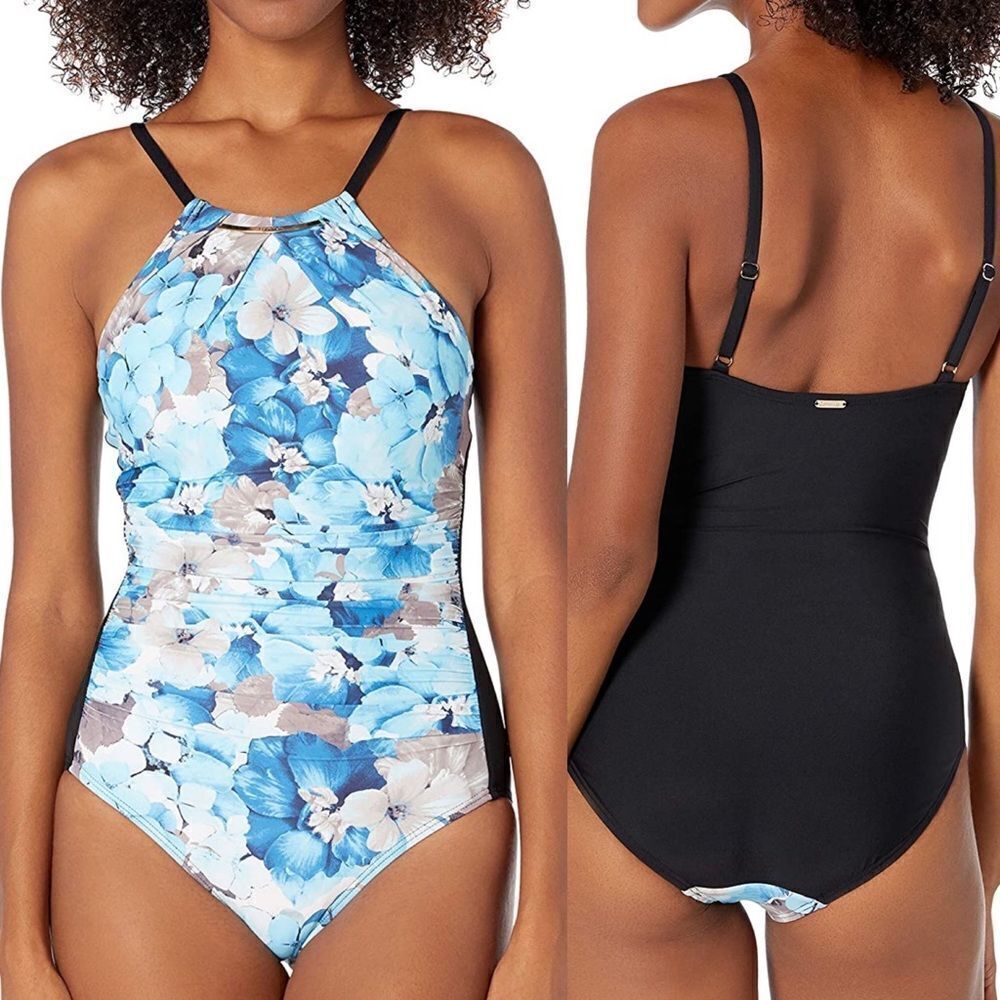 Calvin Klein Women's Solid High Neck Pleated One Piece Swimsuit